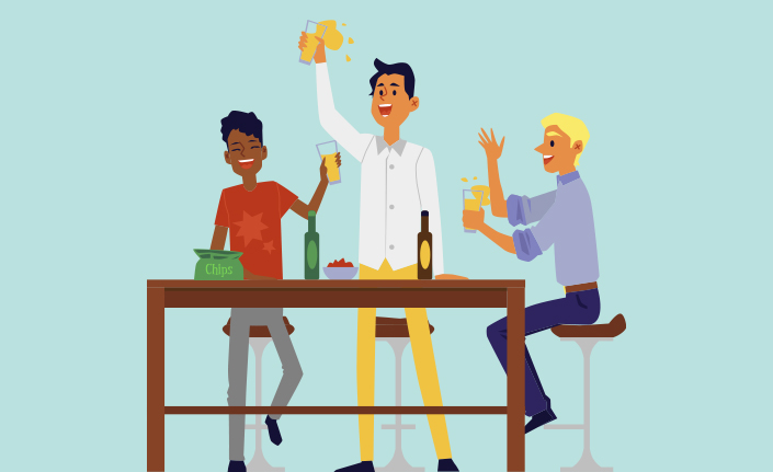 Maend drikker oel paa bar